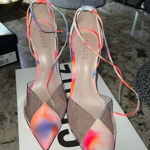 Schutz, 8.5 multicolored and clear ankle tie pumps